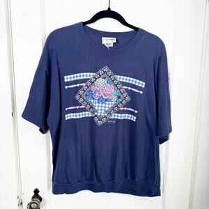VTG Single Stitch Cottagecore Floral T-Shirt Crewneck Navy Prairie Waistbanding